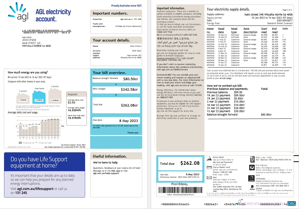 download Australia AGL electricity account energy utility bill Word and PDF formats (2) PDF template